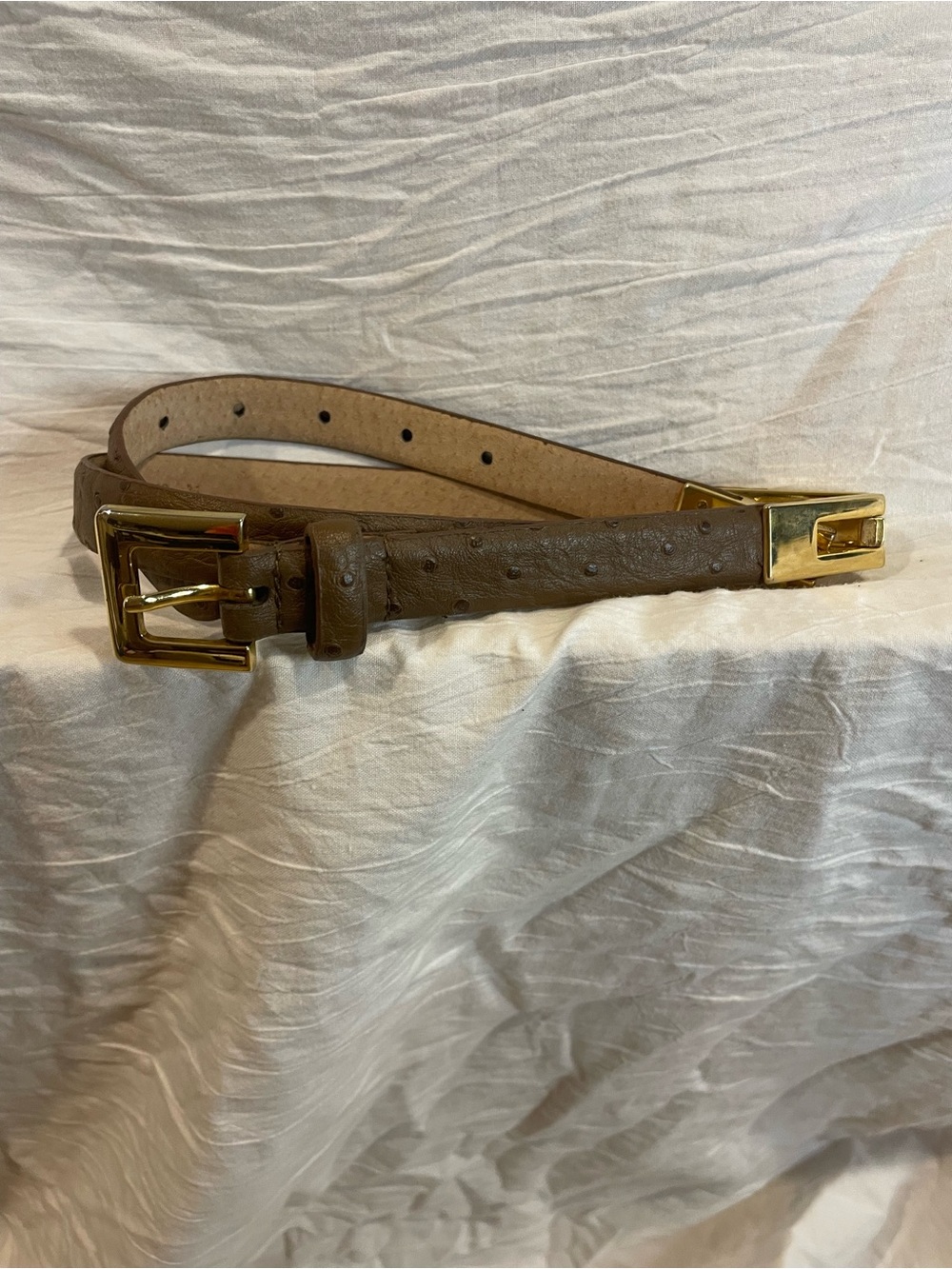 Brown Genuine Leather Ostrich Embossed Gold Buckle Belt Western Y2K